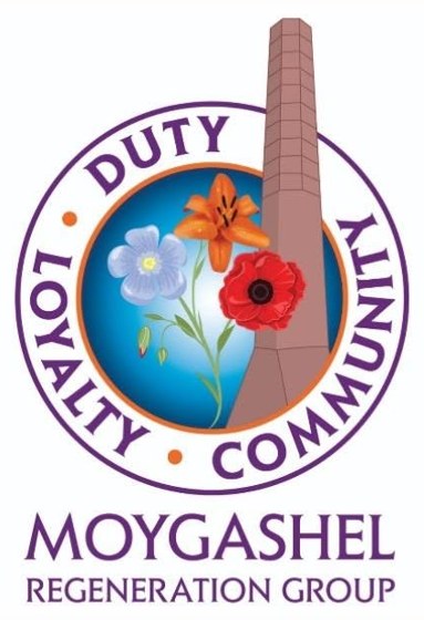 Moygashel Regeneration Group logo: a brick mill chimney beside a flax flower, lily and poppy inside a ring reading Duty, Loyalty, Community